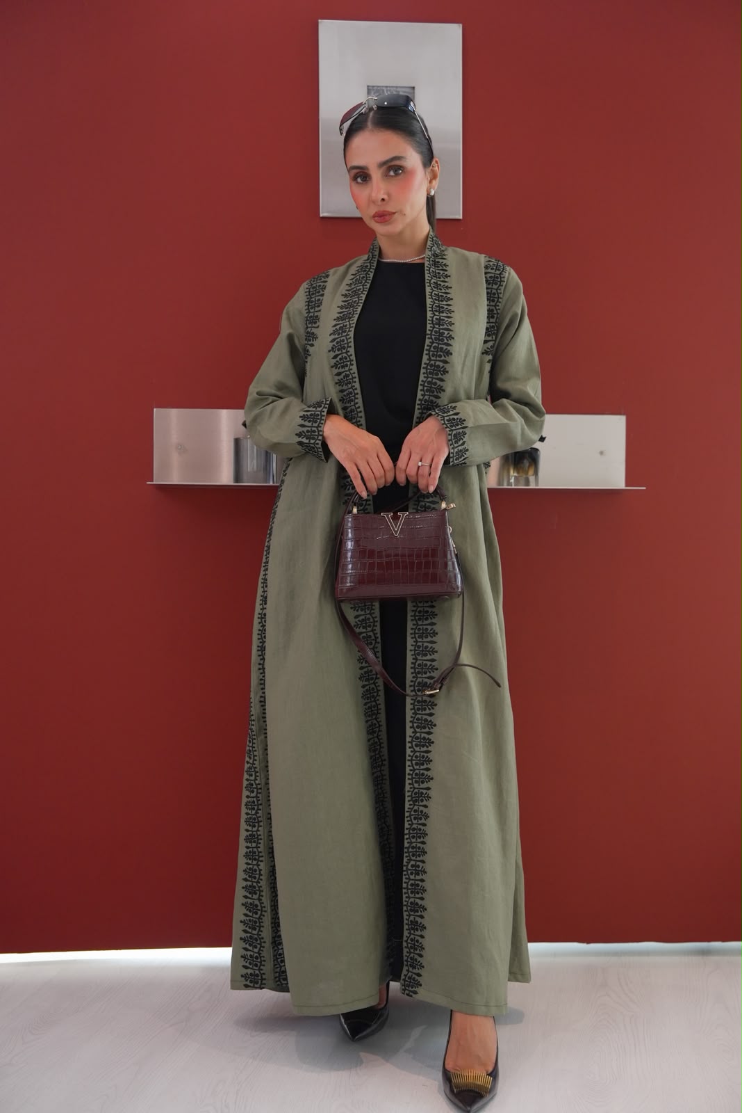 Linen abaya in olive green with embroidery.C:435