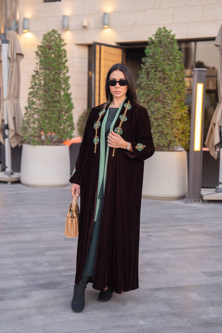 Brown velvet abaya with hand embroidery. C:IB361