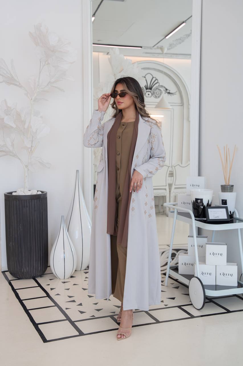 Crepe blazer abaya with beige embroidery. C:382