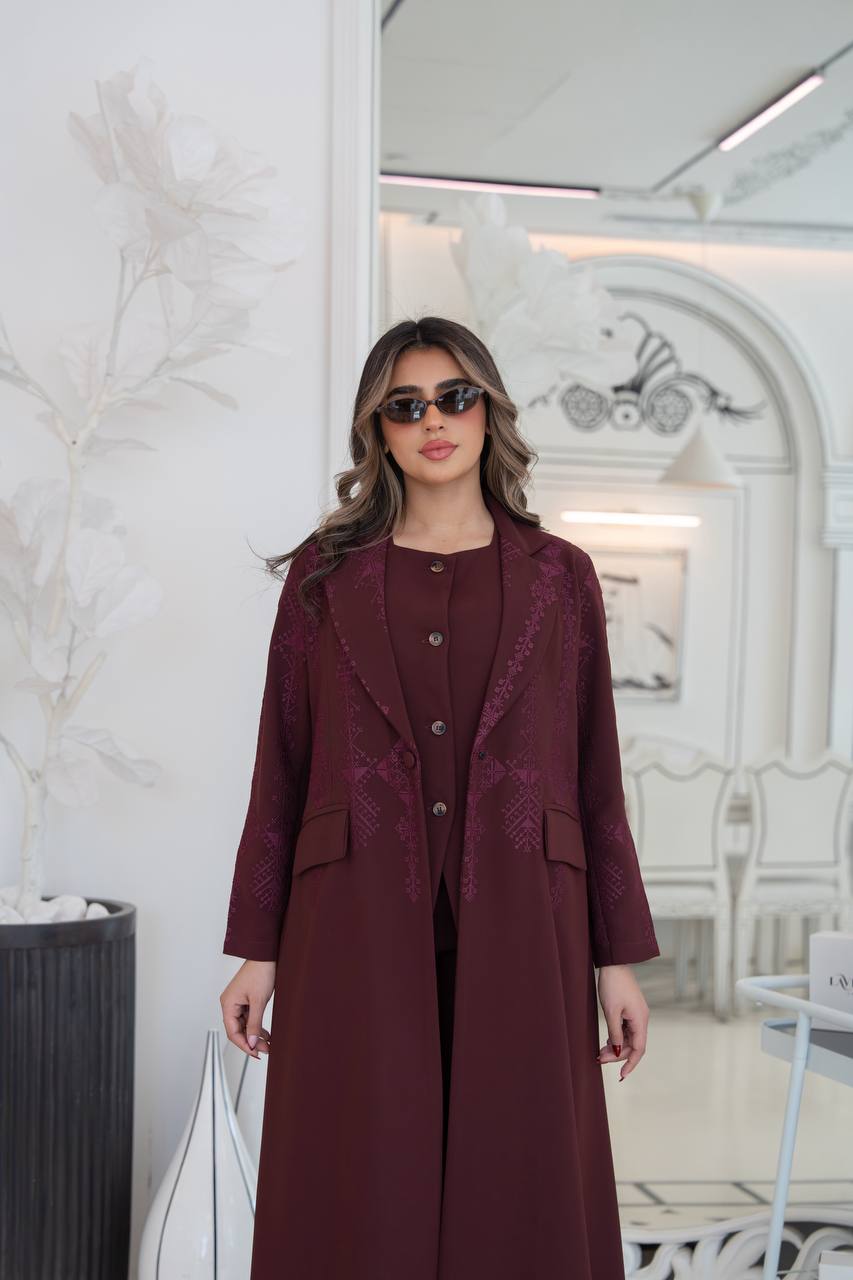 Burgundy crepe blazer abaya with embroidery.C:383