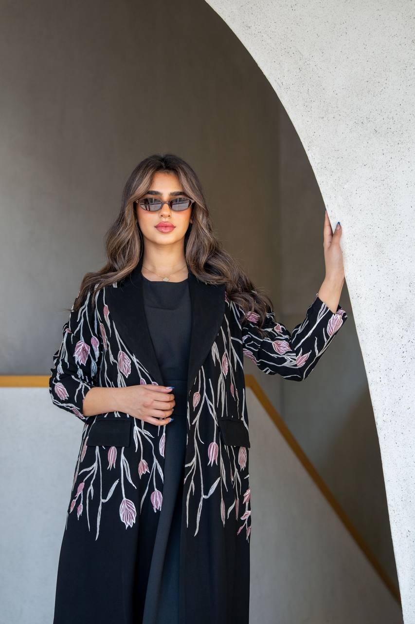 Black crepe blazer abaya with embroidery.C:385
