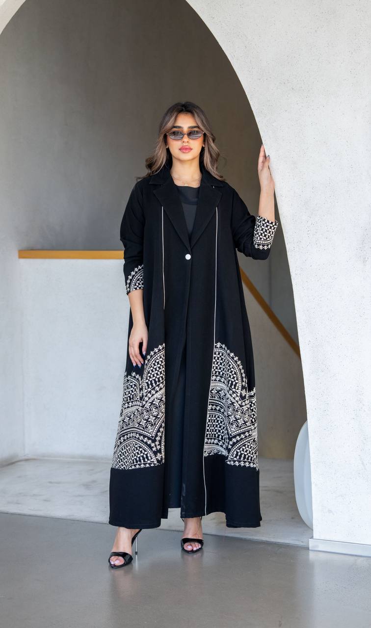Black crepe abaya with white embroidery. C:384