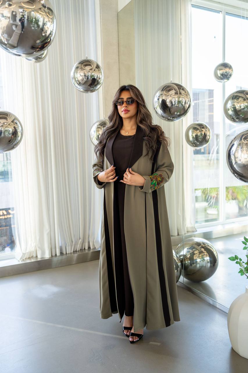 Olive green crepe abaya with hand-stitched details. C:386