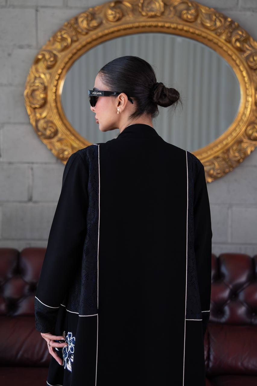Black crepe abaya with lace trim and beading. C:394