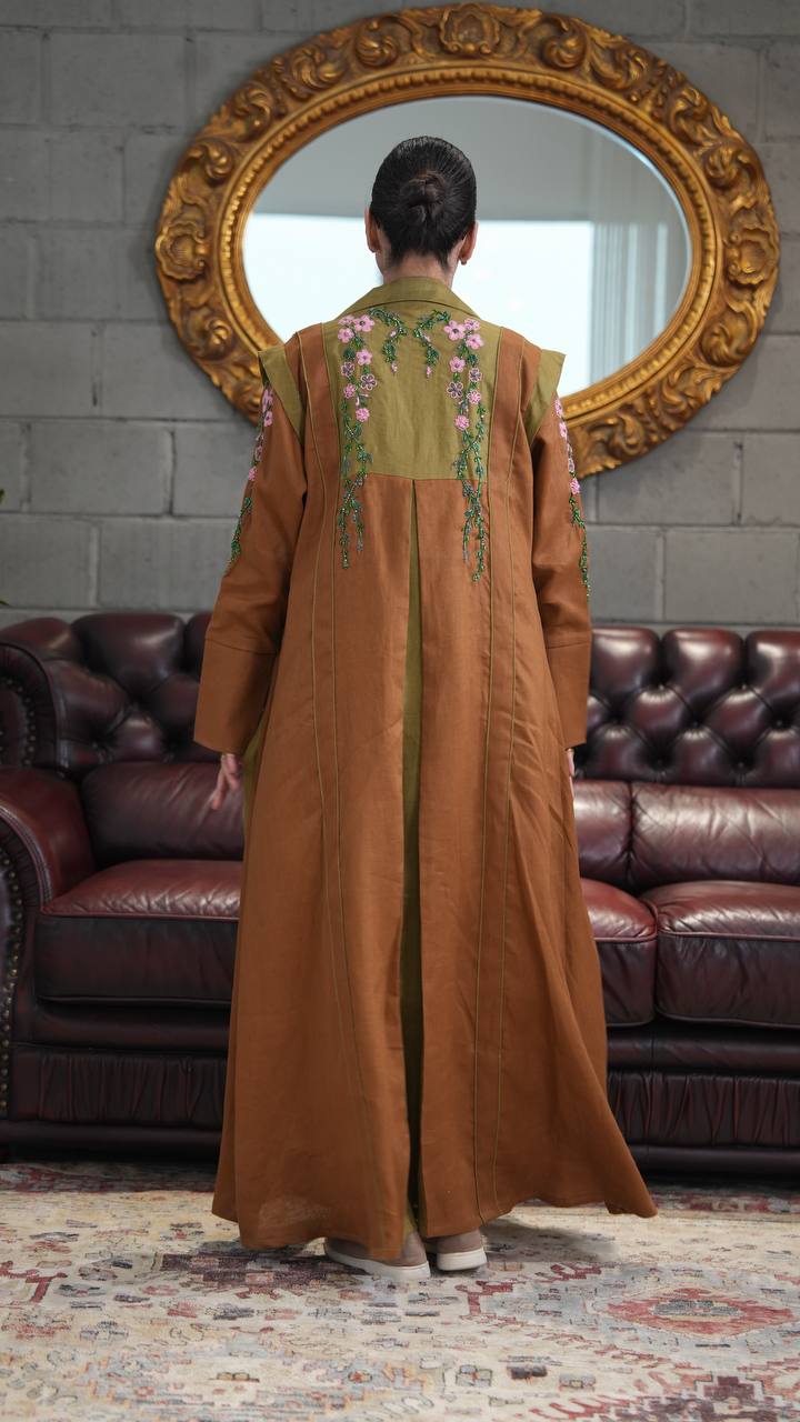 Camel-colored linen blazer abaya with hand-stitched details. C:396