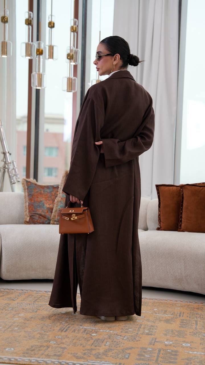 Free size linen trench coat in brown. C:401