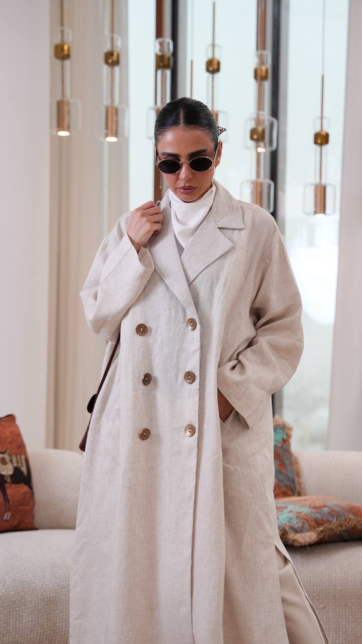 Trench coat, free size, linen, beige color.C:401
