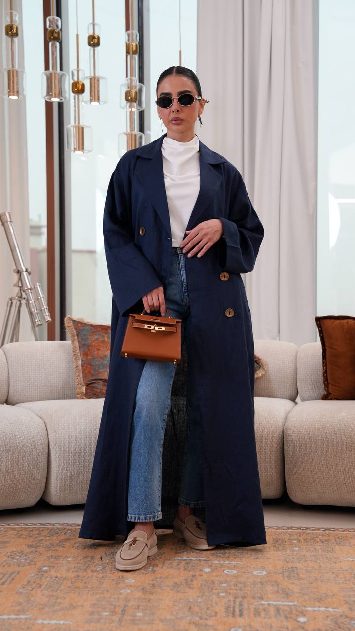 Free size linen trench coat in navy blue. C:401
