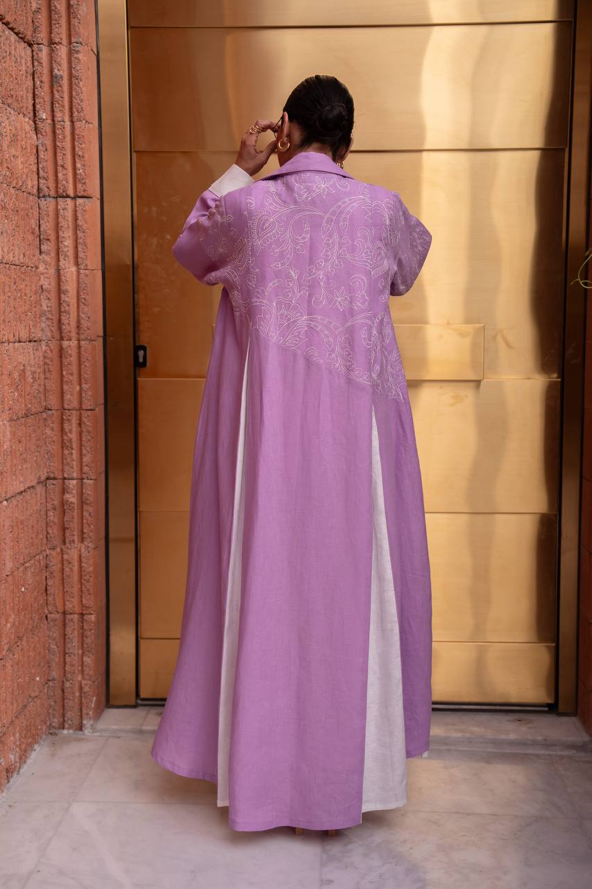Purple linen blazer abaya with embroidery.C:412
