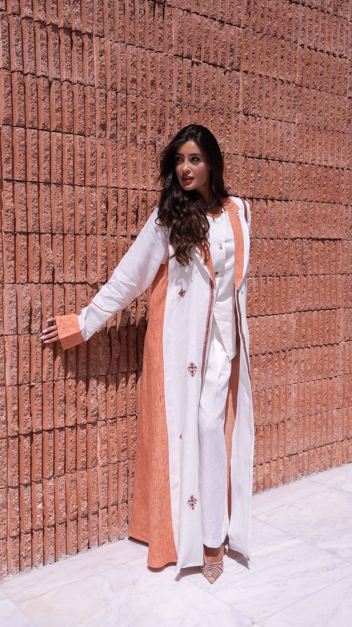 White and orange linen blazer abaya with embroidery. C:408