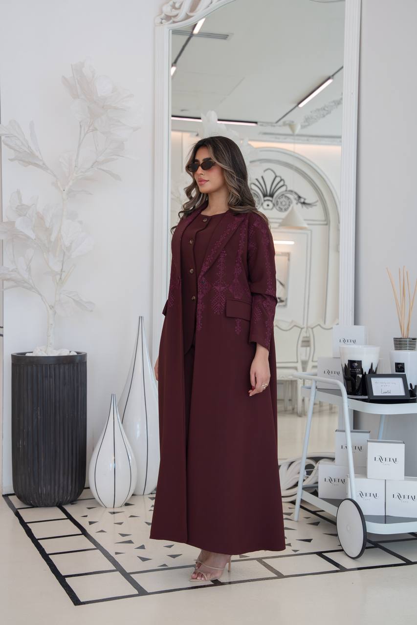 Burgundy crepe blazer abaya with embroidery.C:383