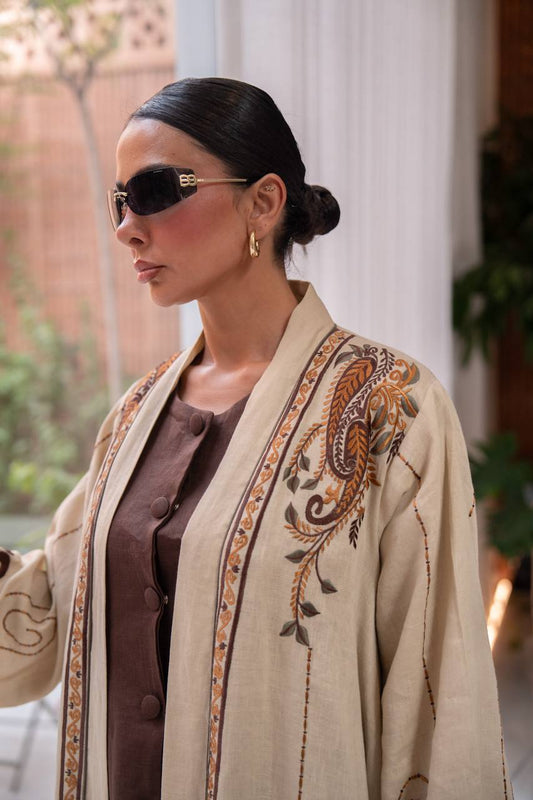 Beige linen abaya with embroidery.C:428