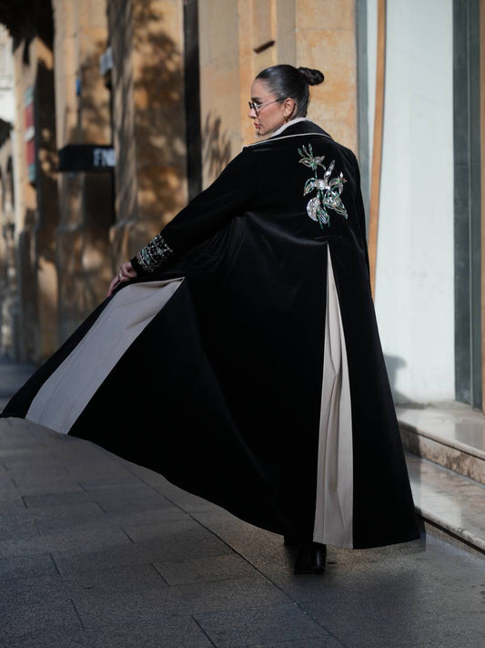 Black velvet blazer abaya with hand embroidery. C:IB363