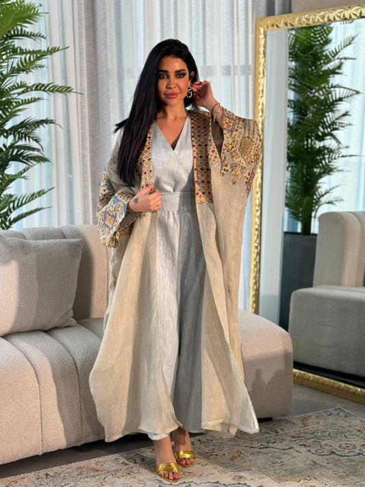 Beige linen bisht with embroidery and beading IB139 Beage