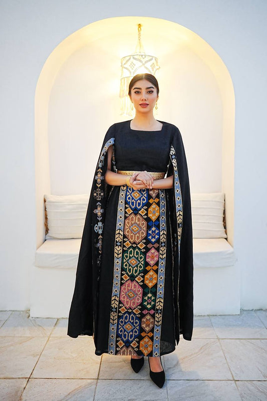 Black linen Daraa with embroidery C:IB295 Black