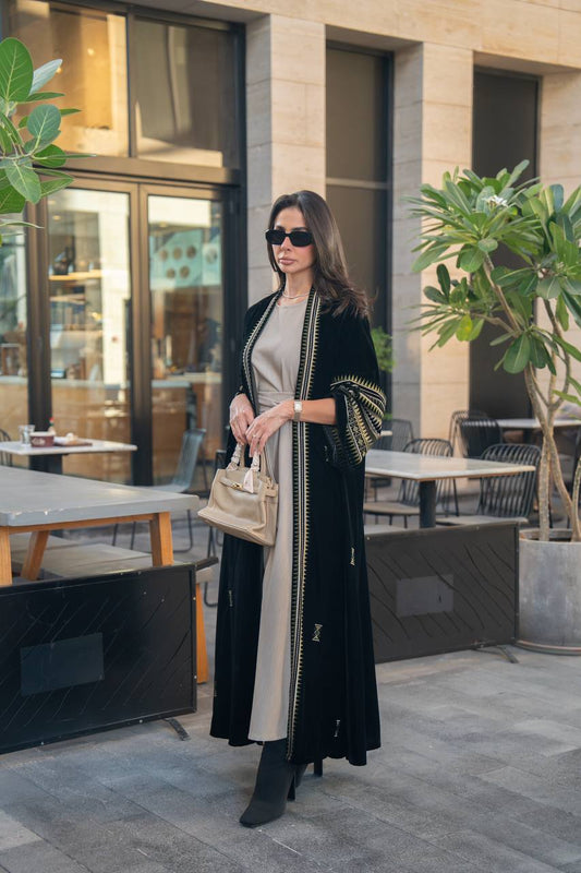 Black velvet abaya with embroidery. C:IB358