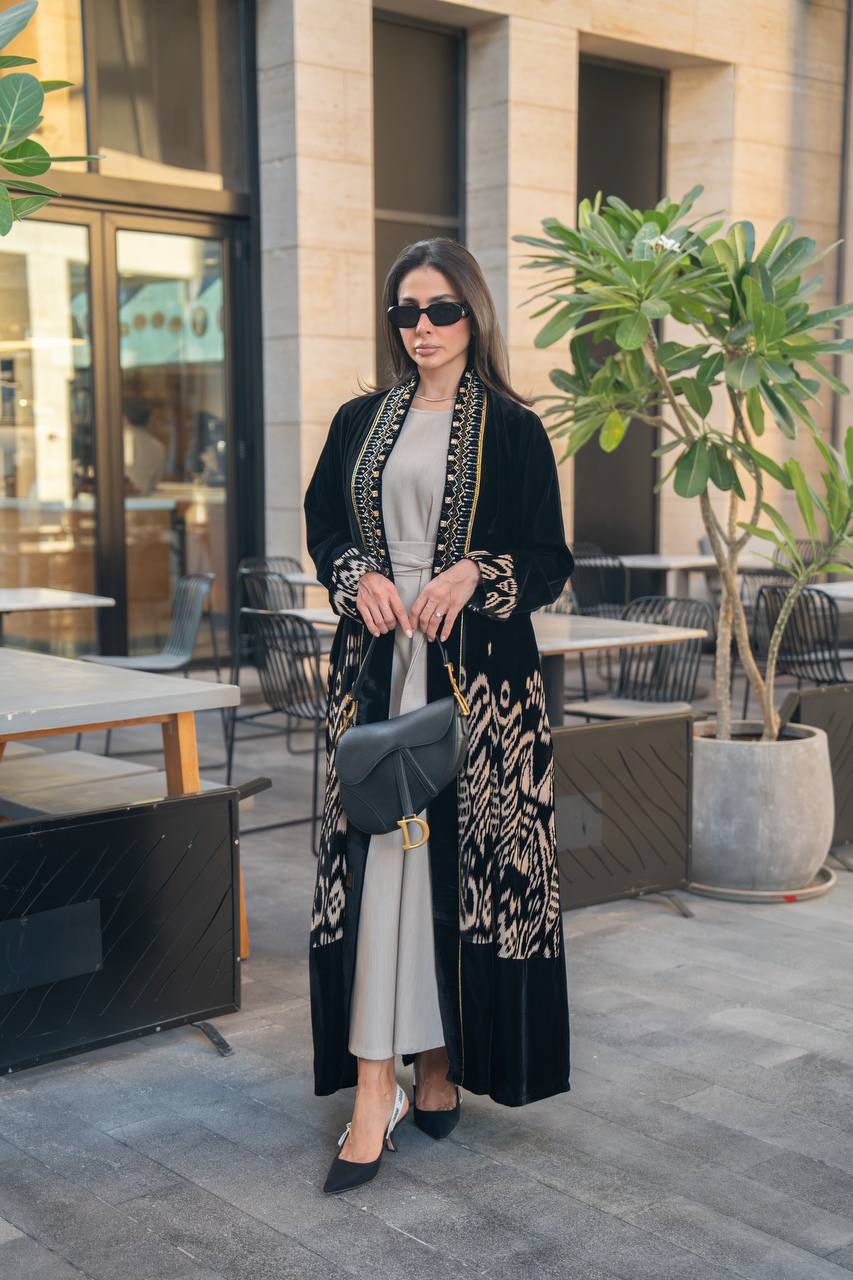 Black velvet abaya with hand embroidery. C:IB359