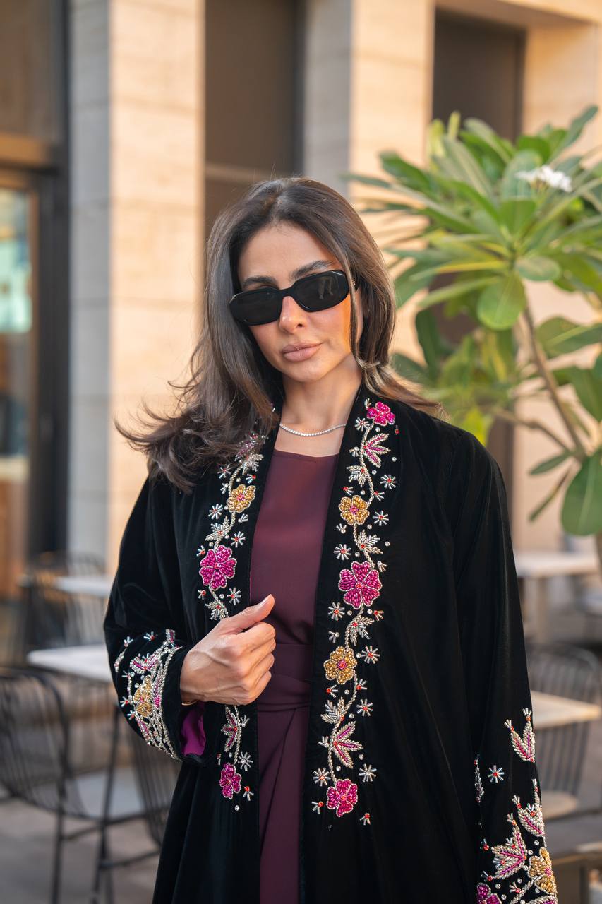 Black velvet abaya with hand embroidery. C:IB360