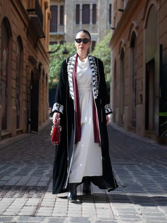 Black velvet abaya with hand embroidery. C:IB362