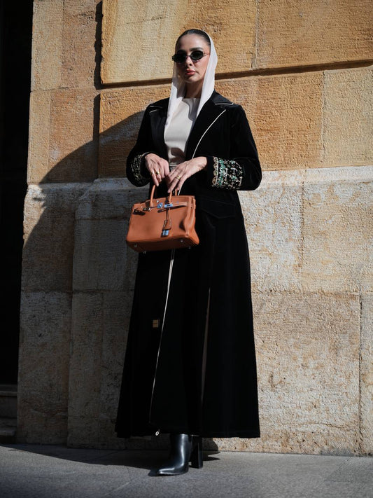 Black velvet blazer abaya with hand embroidery. C:IB363