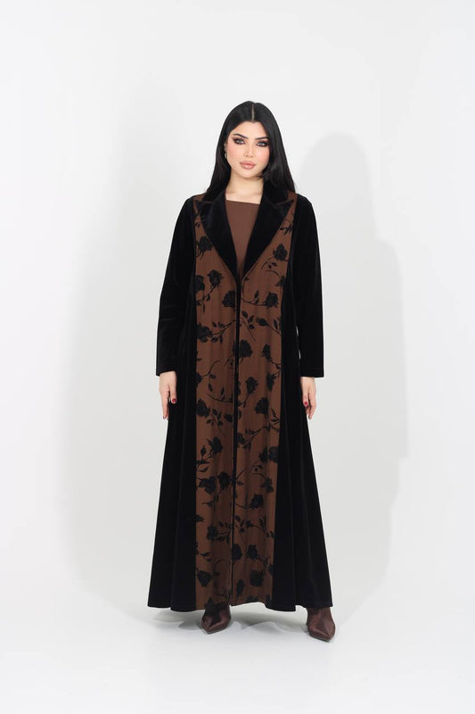 Black velvet blazer abaya with brown crepe. C:IB367
