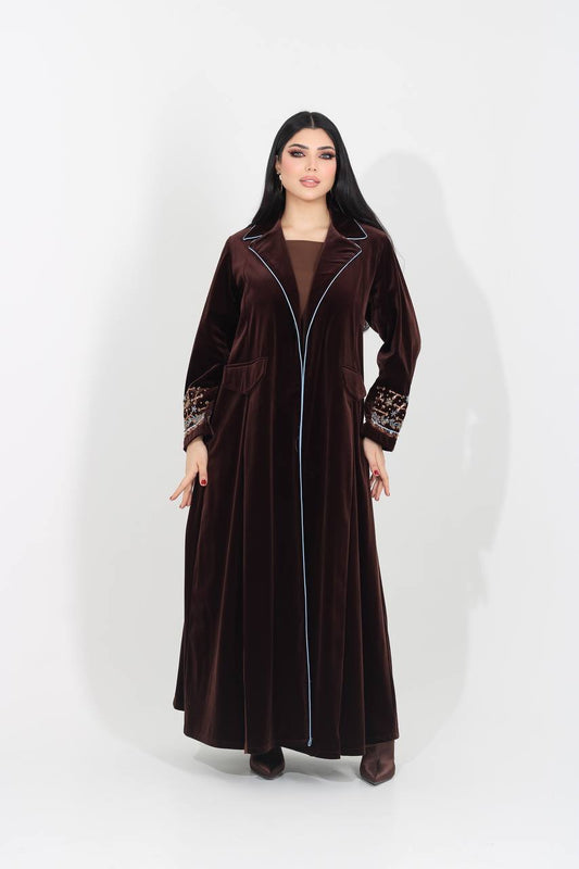 Brown velvet blazer abaya with hand embroidery. C:IB369