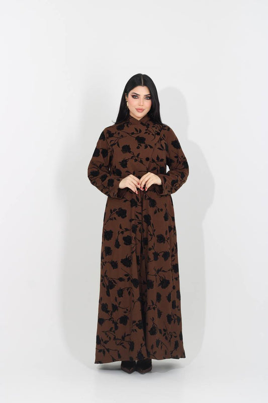Brown Crepe Abaya, Printed with Velvet Floral Details. C:IB370