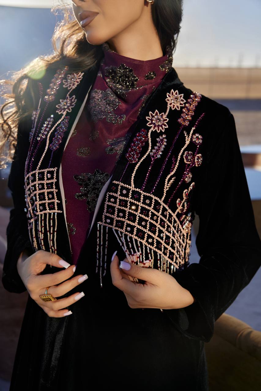 Abaya with dress, black velvet with hand embroidery.C:372