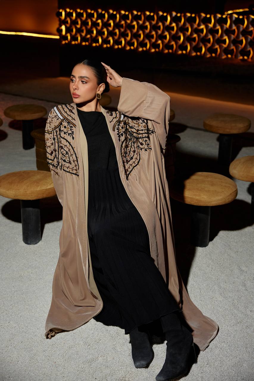 Bisht and dress set, light brown velvet with hand-beading. C:376