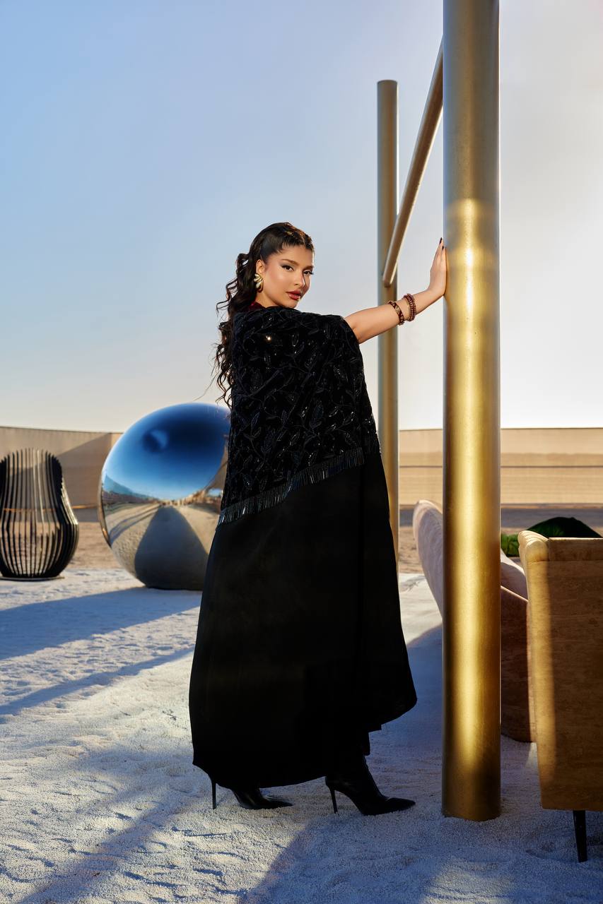 Bisht and dress set, velvet with hand-beading. C:378 Black