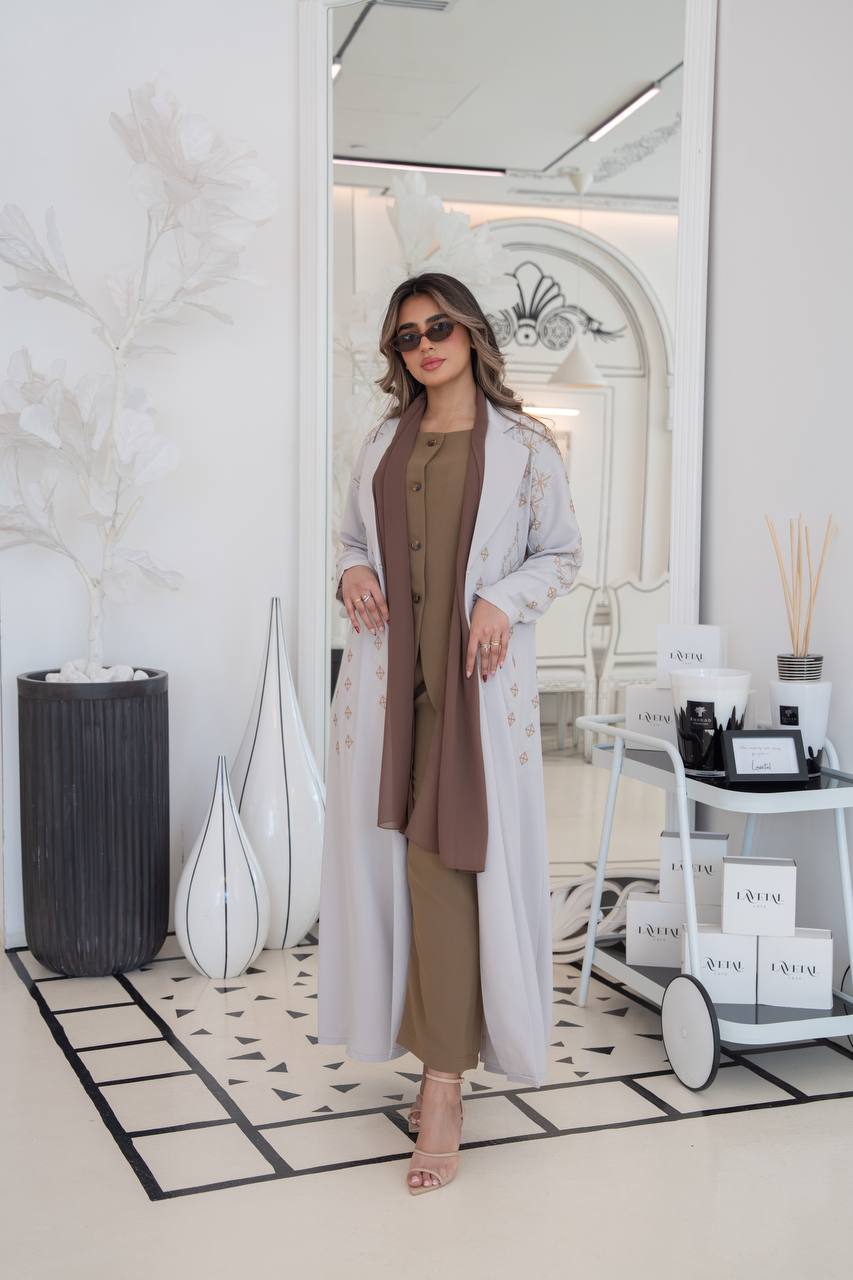Crepe blazer abaya with beige embroidery. C:382