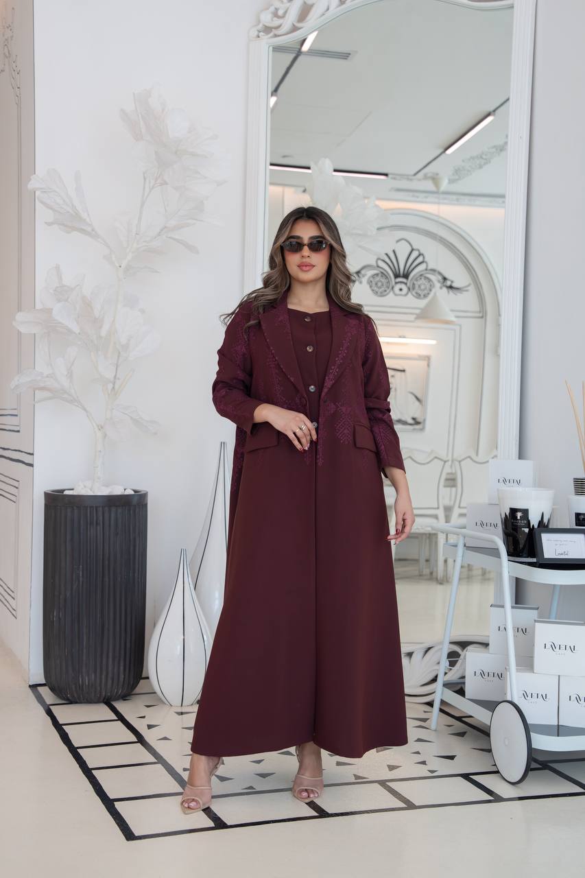 Burgundy crepe blazer abaya with embroidery.C:383