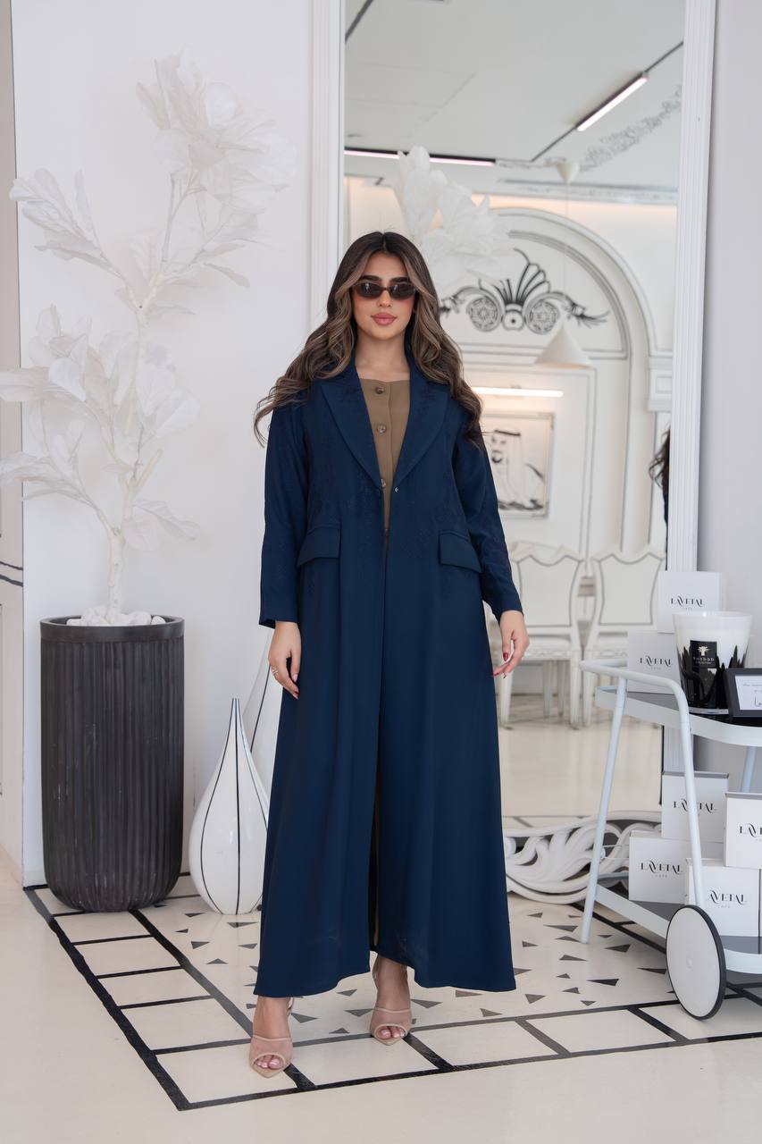 Navy blue crepe blazer abaya with embroidery. C:383 navy
