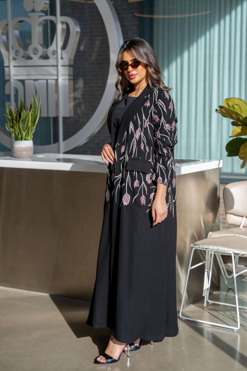 Black crepe blazer abaya with embroidery.C:385