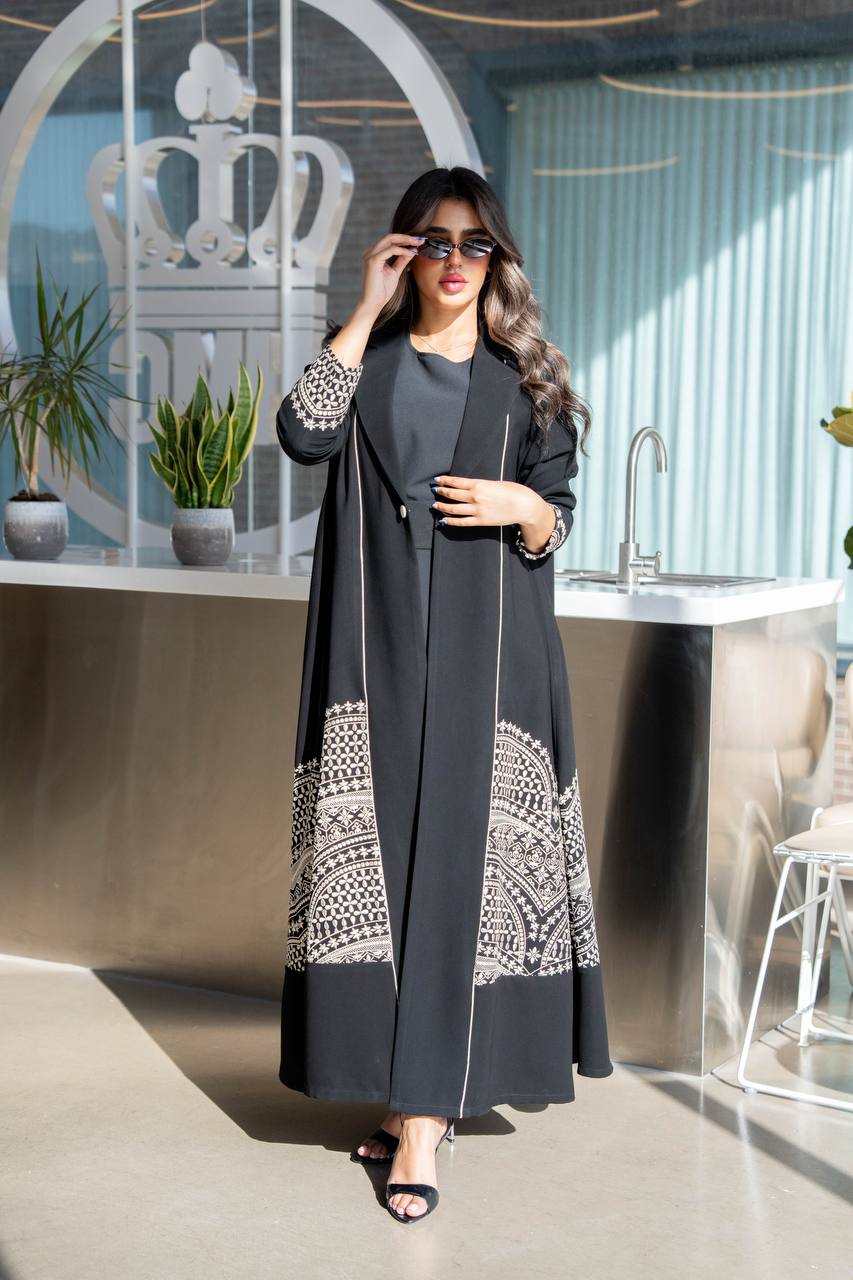 Black crepe abaya with white embroidery. C:384
