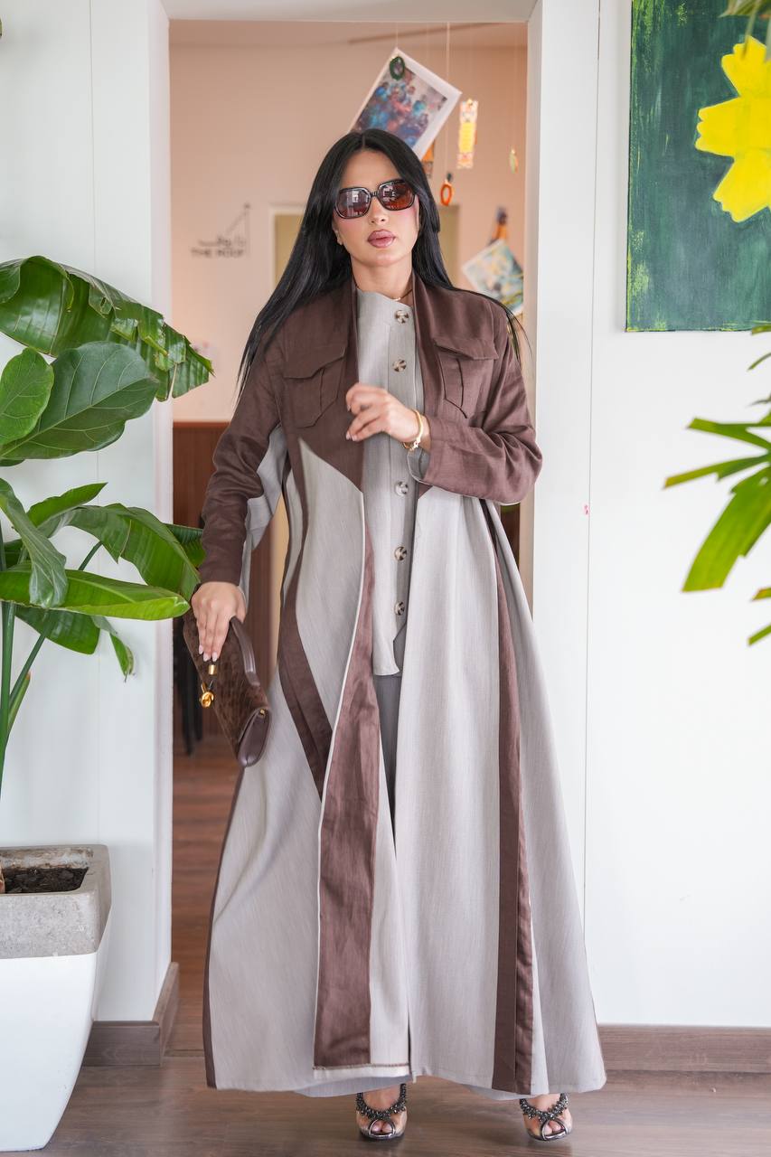 Linen abaya with crepe in brown and beige .C:390