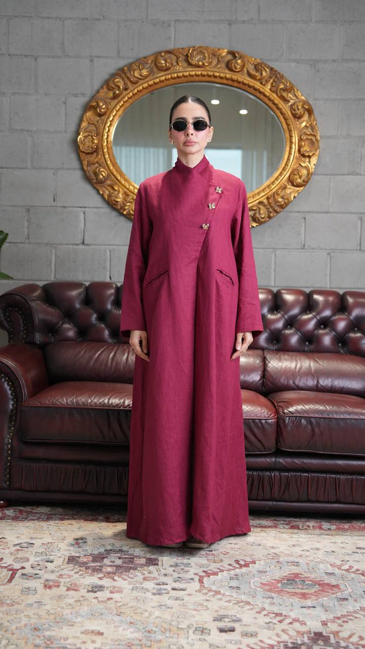 Burgundy linen trench coat. C:393