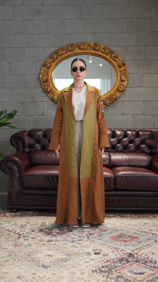 Camel-colored linen blazer abaya with hand-stitched details. C:396