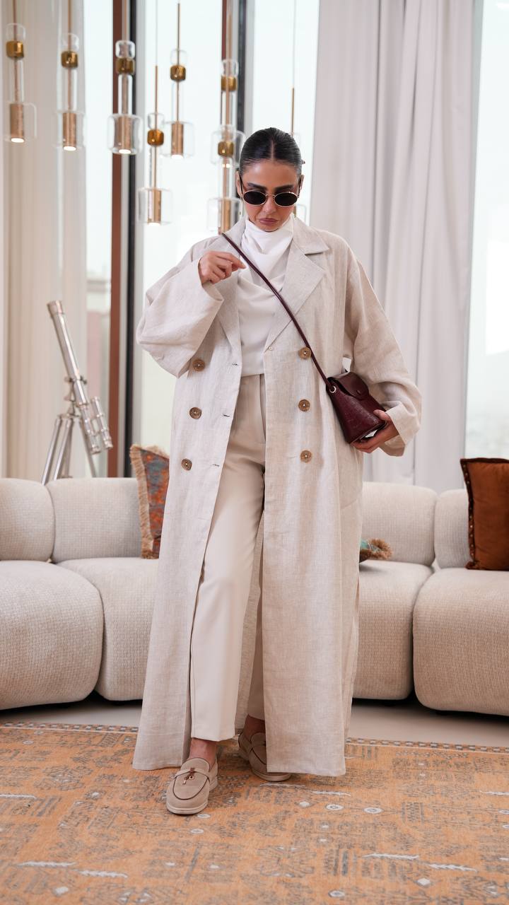 Trench coat, free size, linen, beige color.C:401