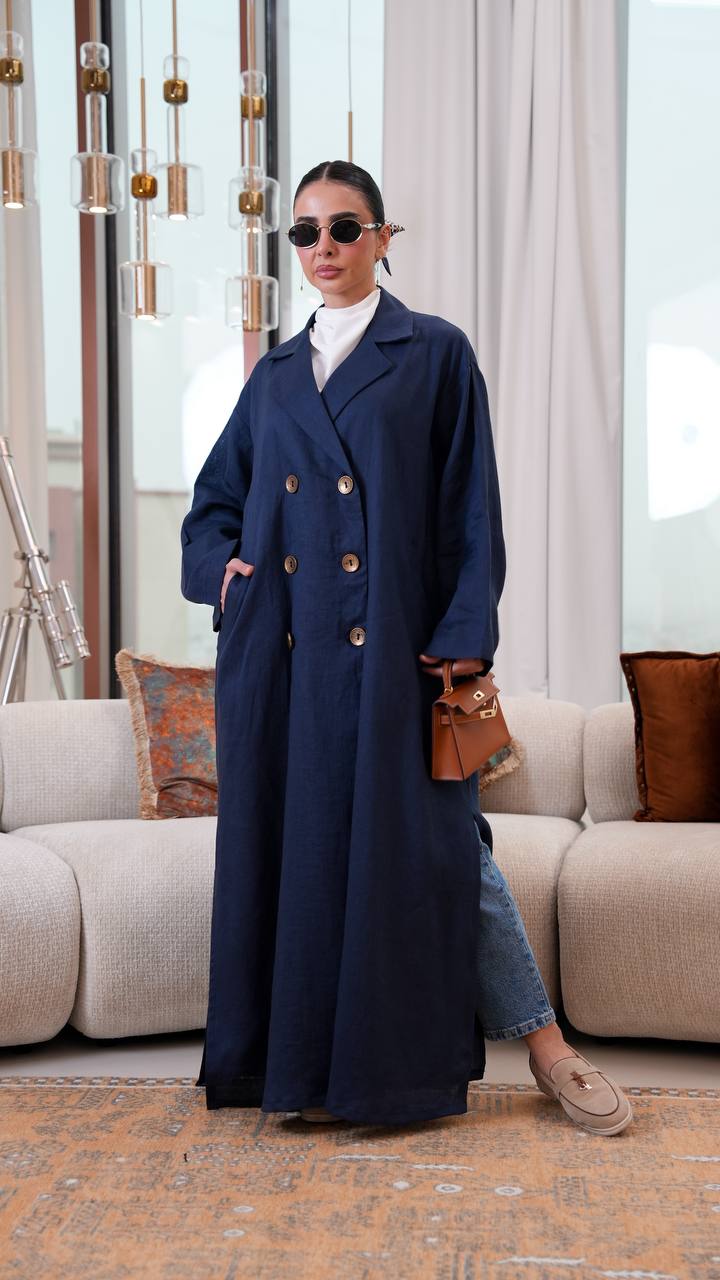Free size linen trench coat in navy blue. C:401