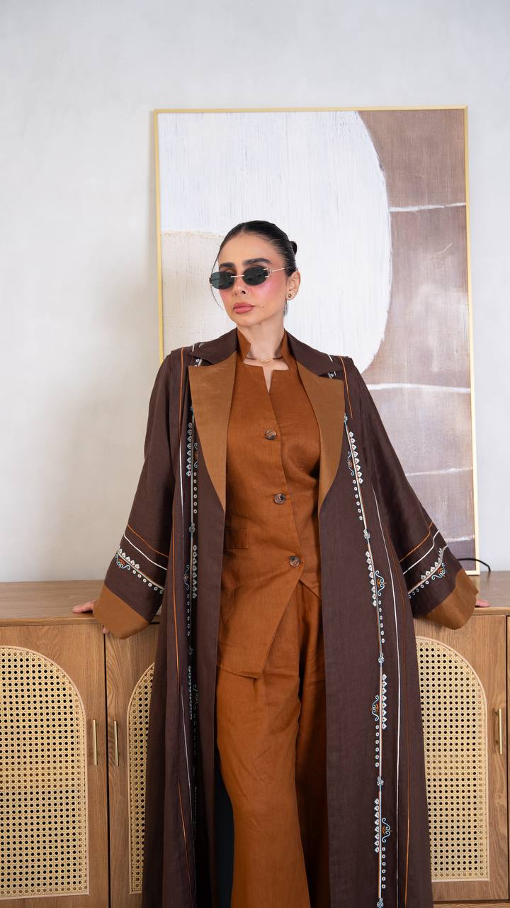 Linen abaya in brown with embroidery.C:404