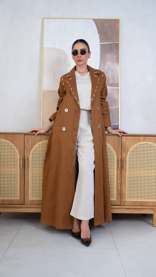 Camel-colored linen blazer abaya with embroidery.C:403