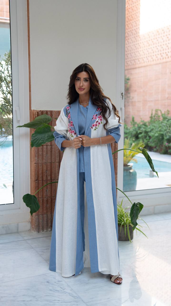 Blue and white linen blazer abaya with embroidery. C:407