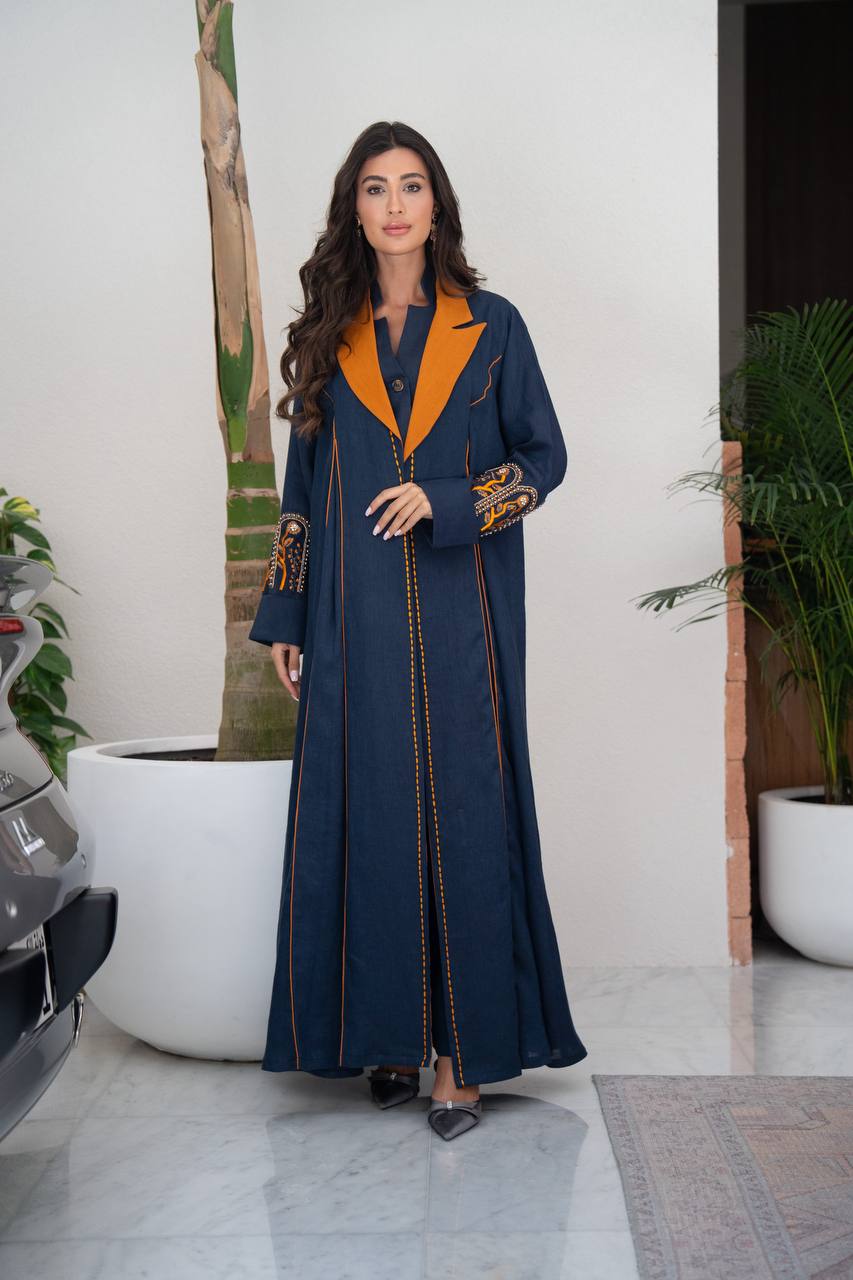 Navy blue linen blazer abaya with hand-stitched details.C:422
