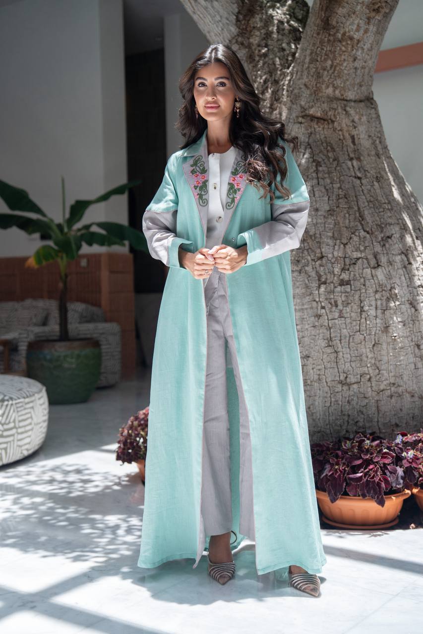 Turquoise linen blazer abaya with embroidery.C:420