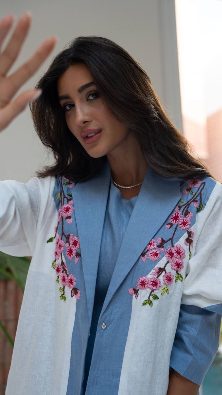 Blue and white linen blazer abaya with embroidery.C:427