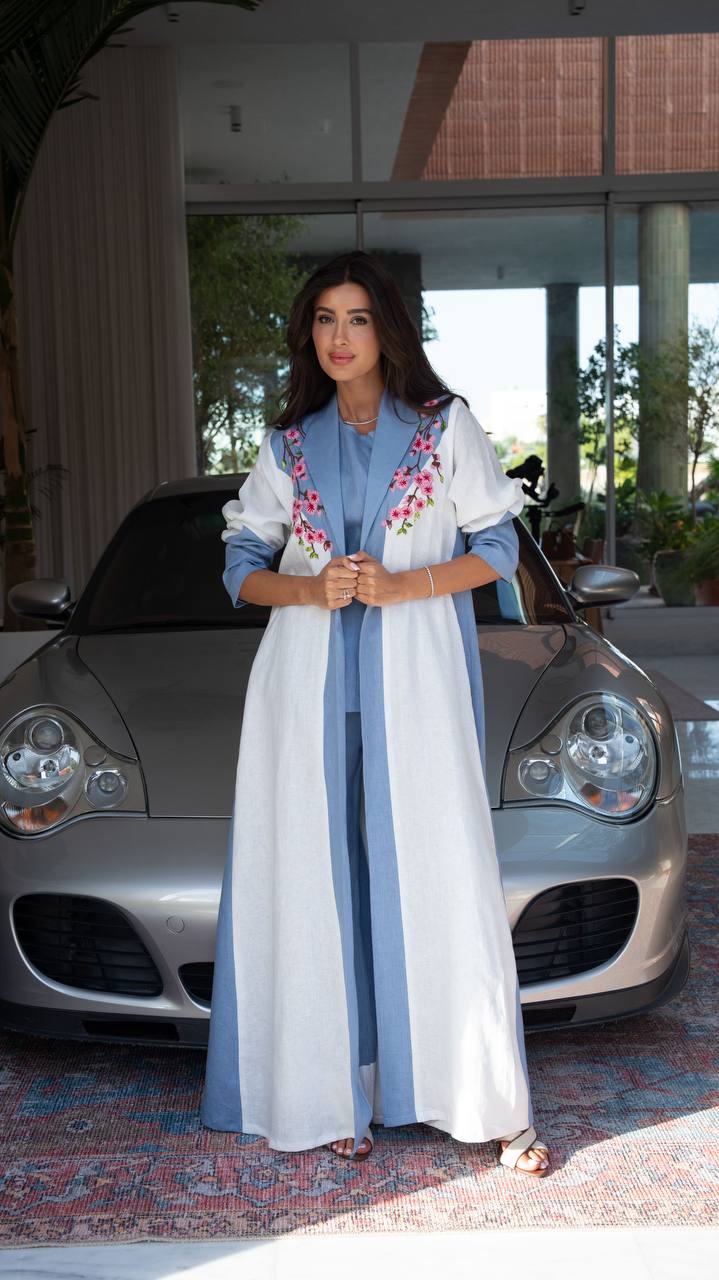 Blue and white linen blazer abaya with embroidery.C:427
