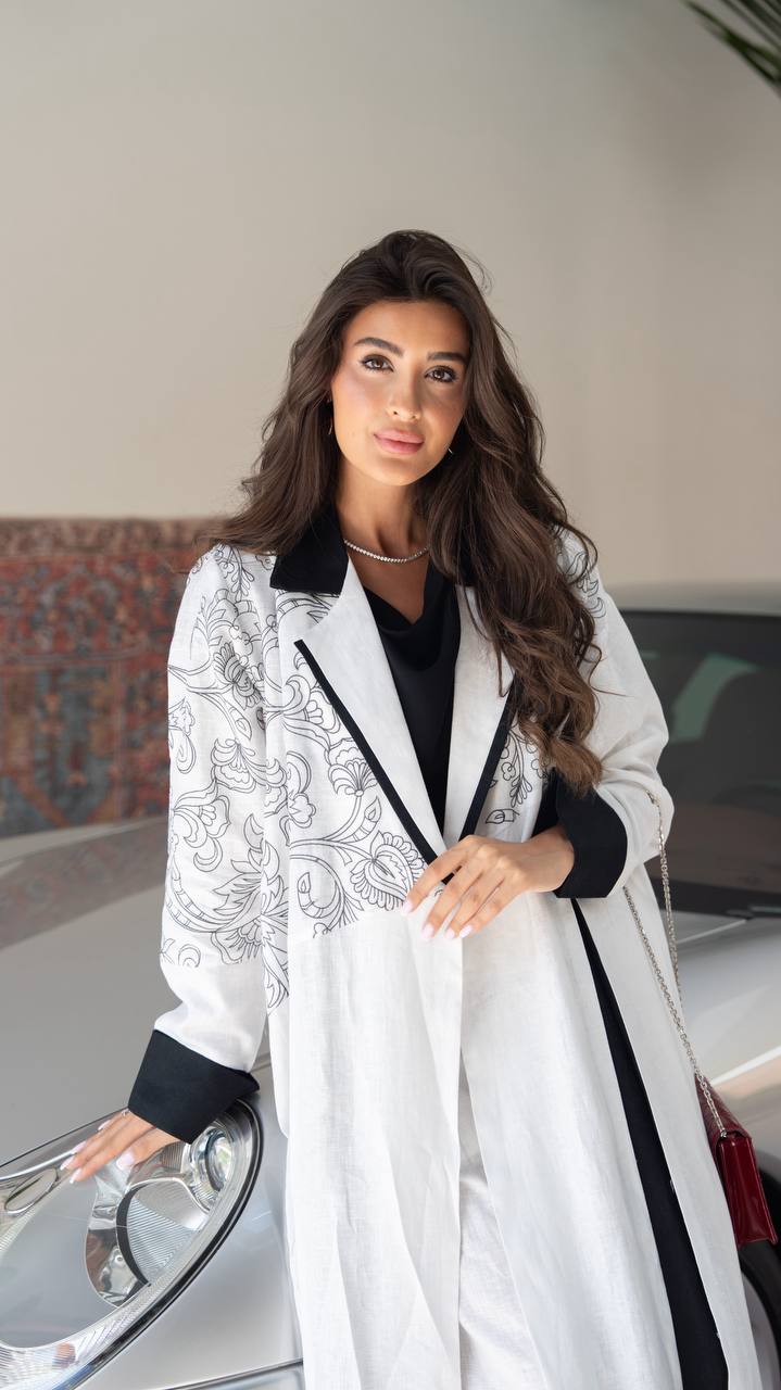 White linen blazer abaya with embroidery. C:412