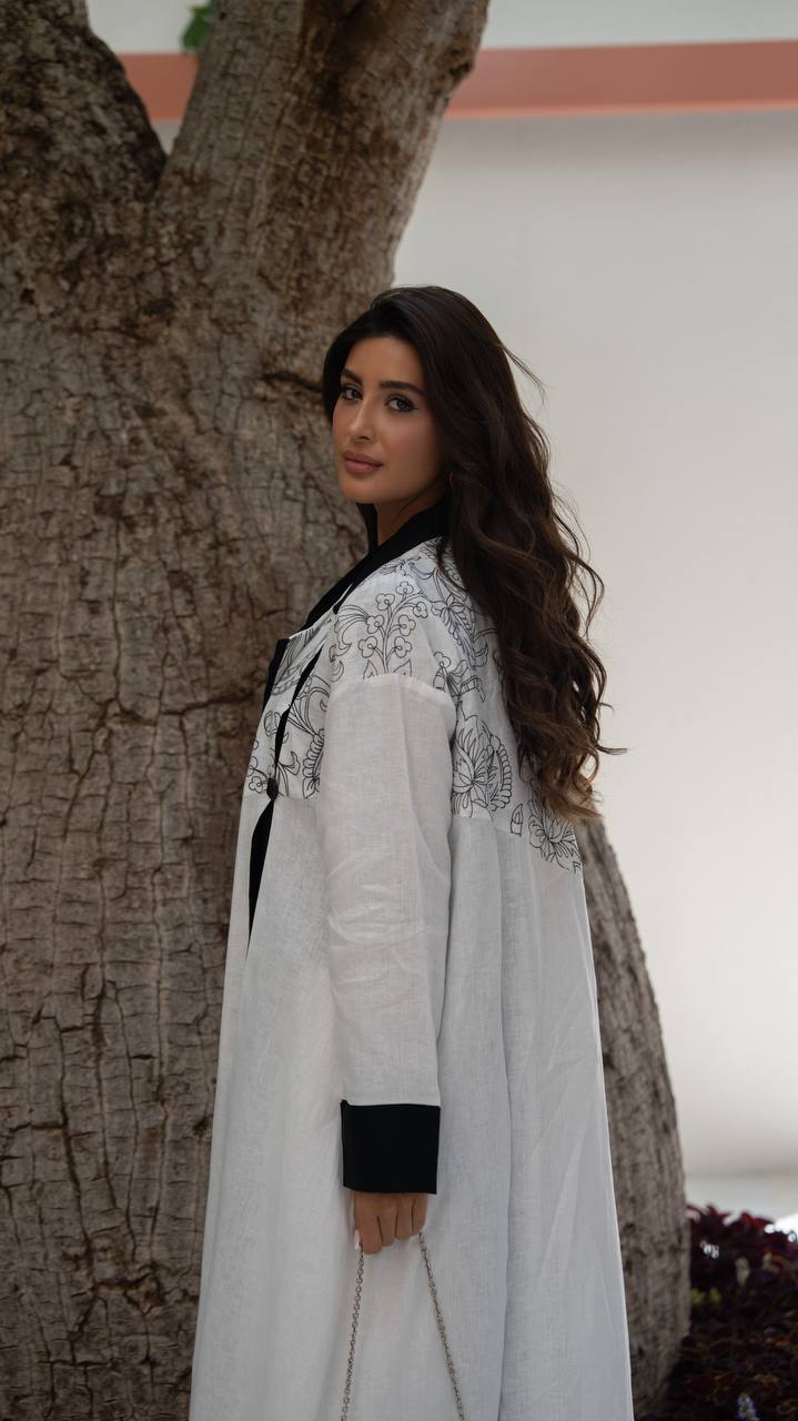 White linen blazer abaya with embroidery. C:412