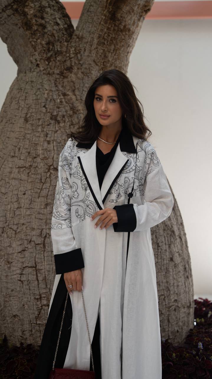 White linen blazer abaya with embroidery. C:412
